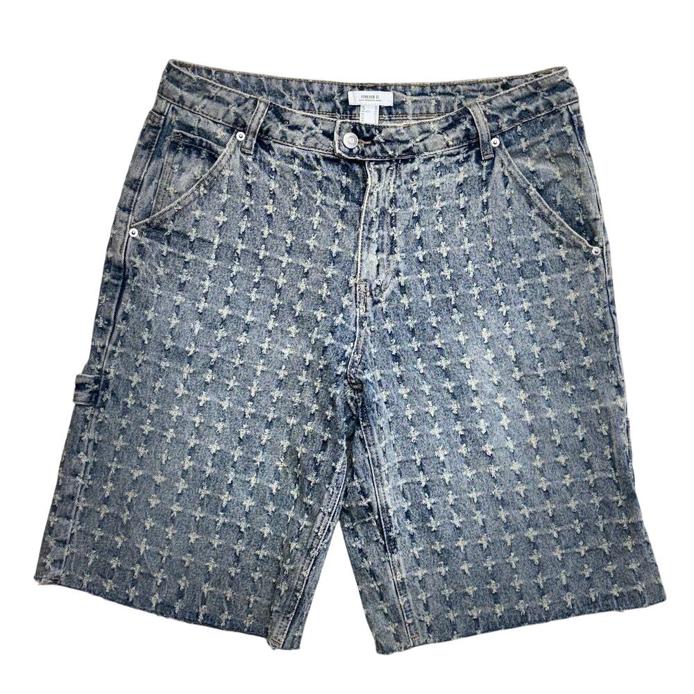 Forever 21 Shorts 30 Womens Distressed Textured Carpenter Cargo Bermuda Denim